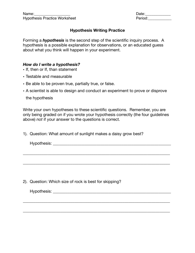 hypothesis writing practice worksheet with answers