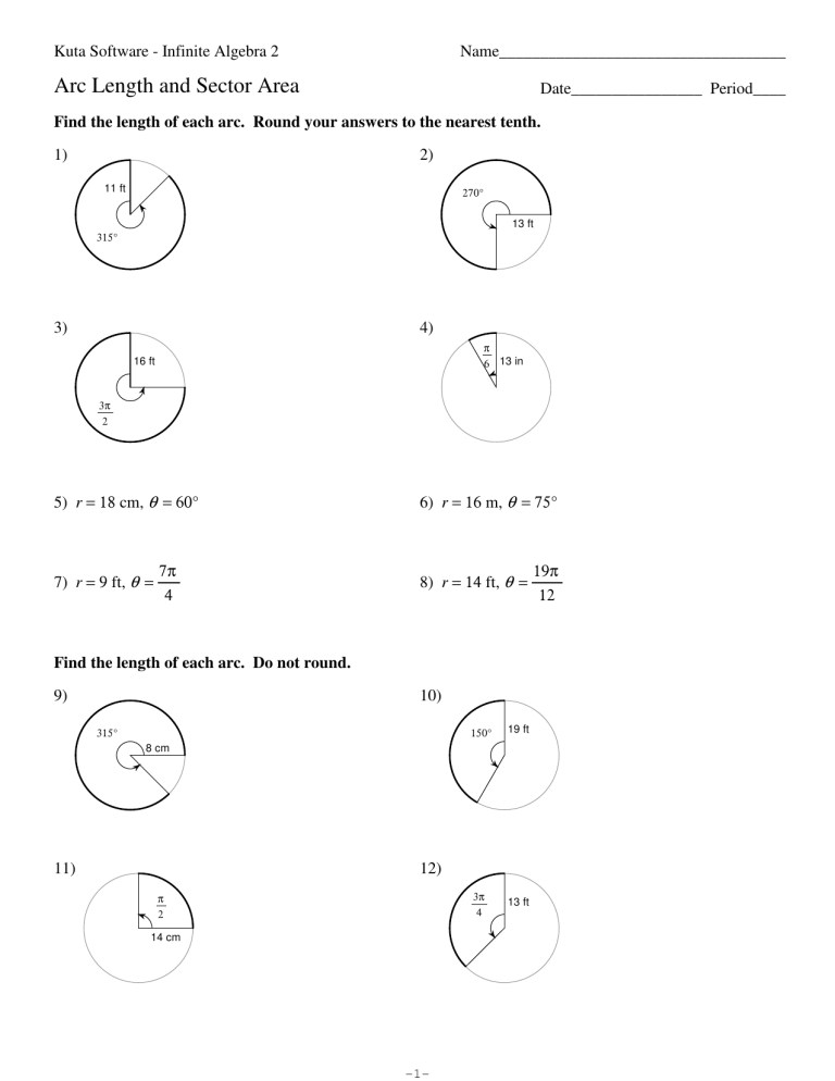 Arc Length Sector Area Worksheet