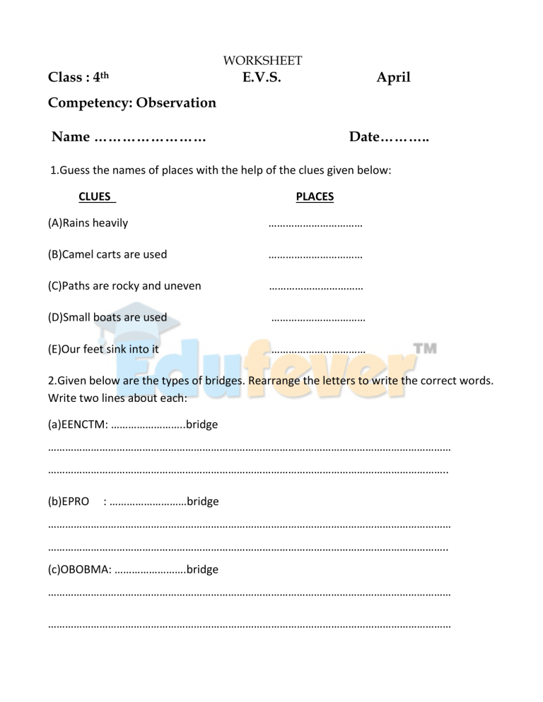 class 4 evs worksheets apr 1