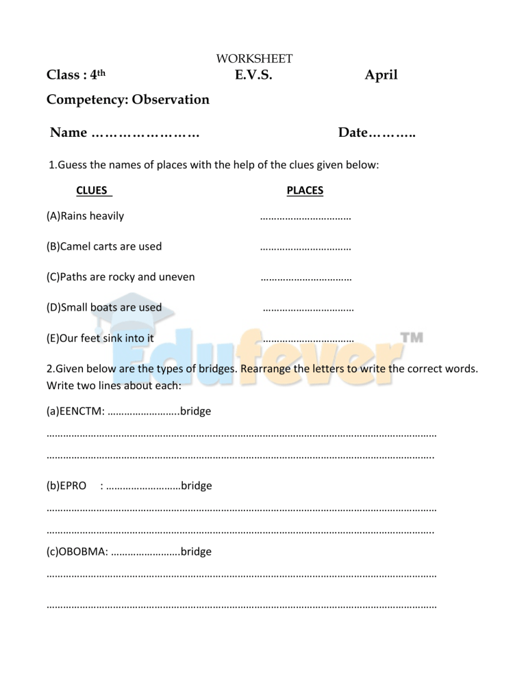 Class 4 Evs Worksheets Apr 1