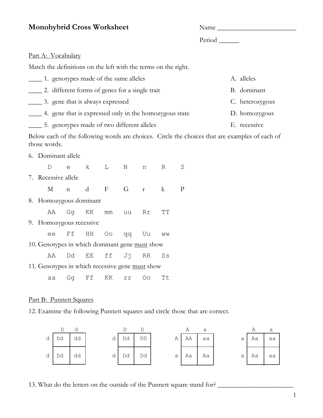 Monohybrid-Cross-Homework-11 With Monohybrid Crosses Worksheet Answers