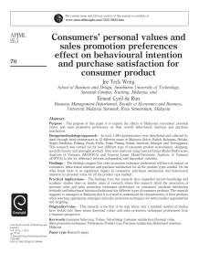 consumer personal values and sales promotion preferences effect on behaviour intention and purchase satisfaction for consumer product