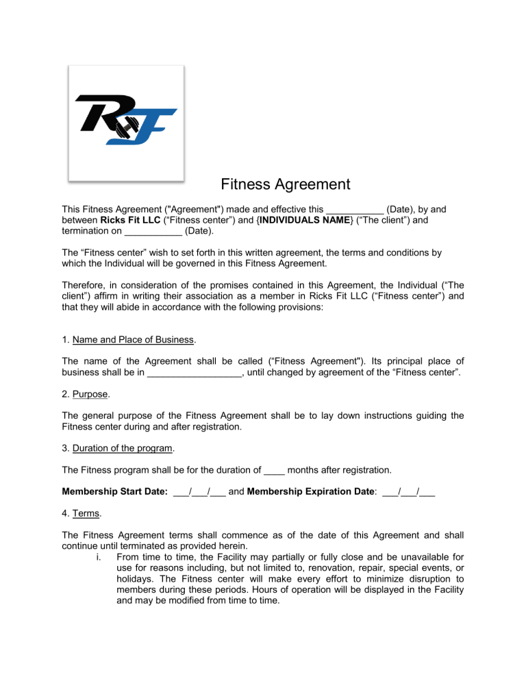 Fitness Agreement 2020 pdf