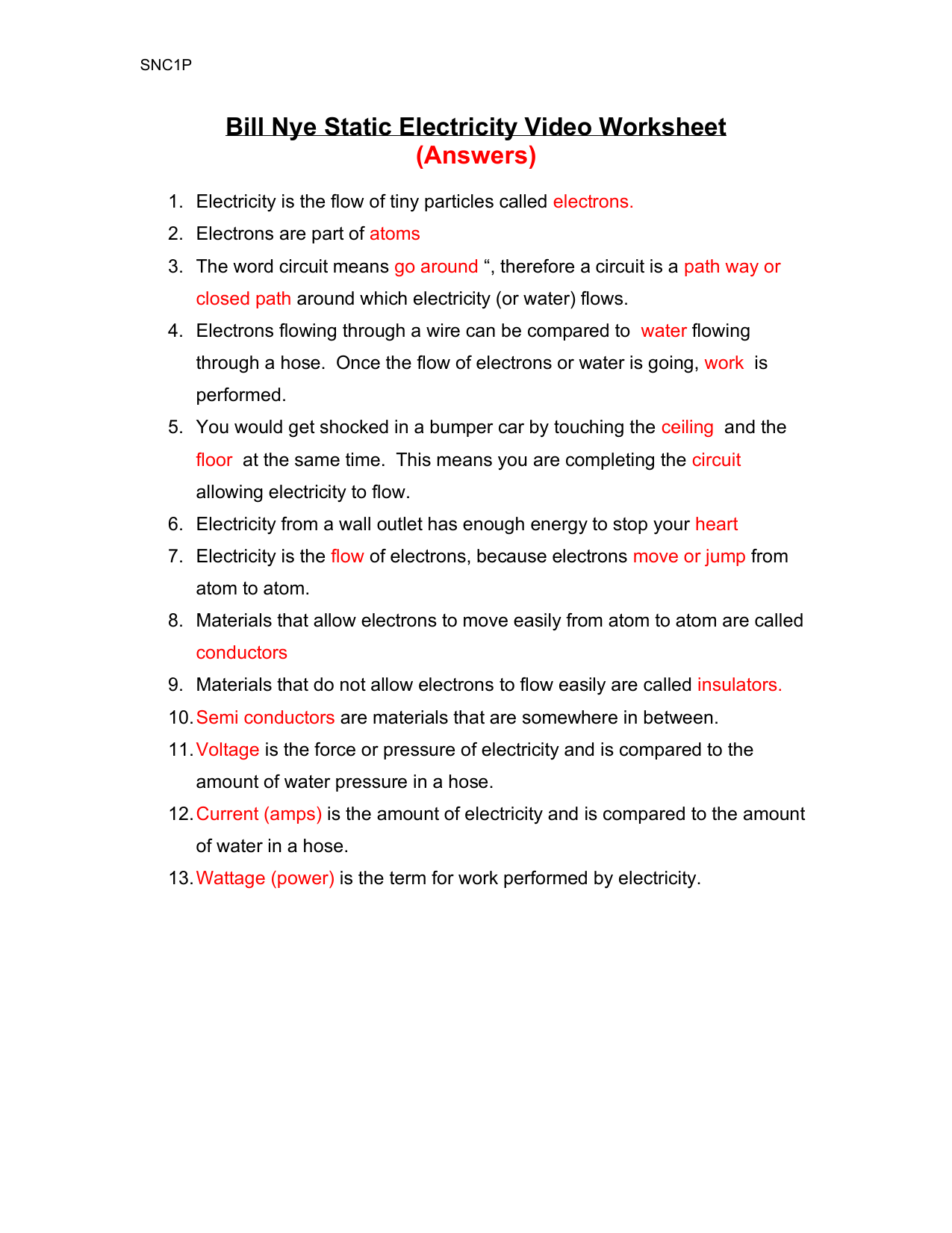 Static Electricity Bill Nye-ANSWERS With Bill Nye Static Electricity Worksheet