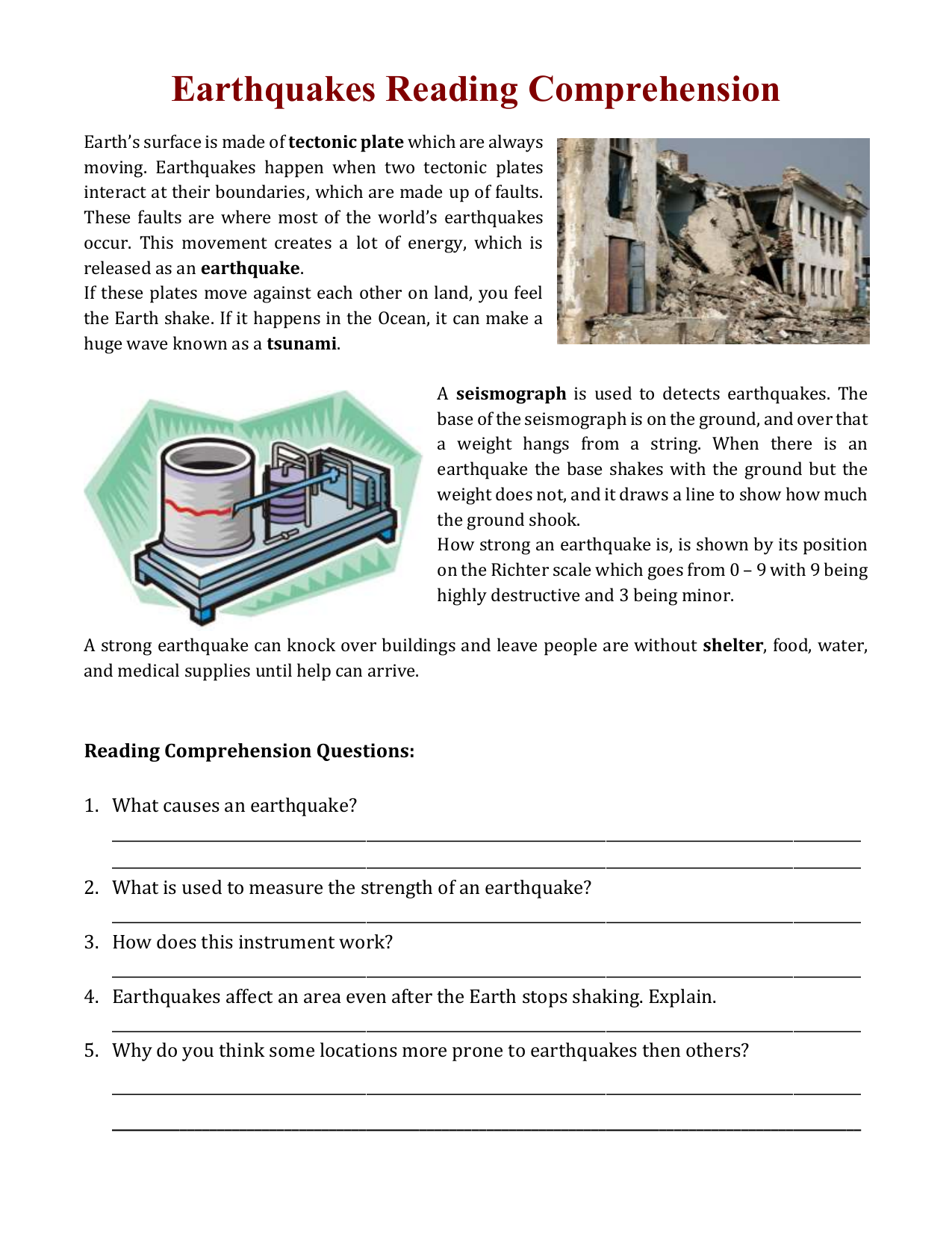 Earthquakes Reading Comprehension
