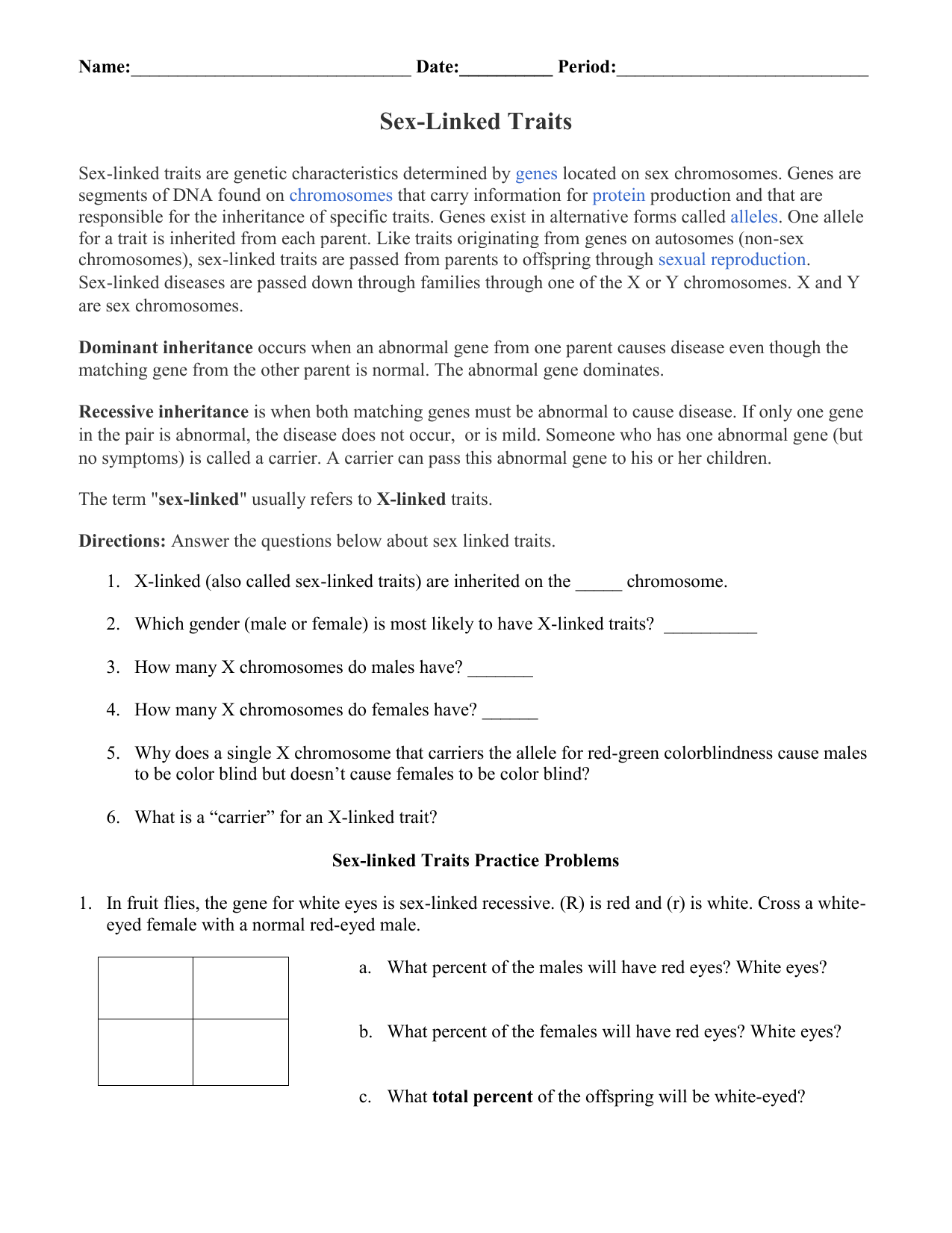 Sex Linked Traits Reading And Worksheets