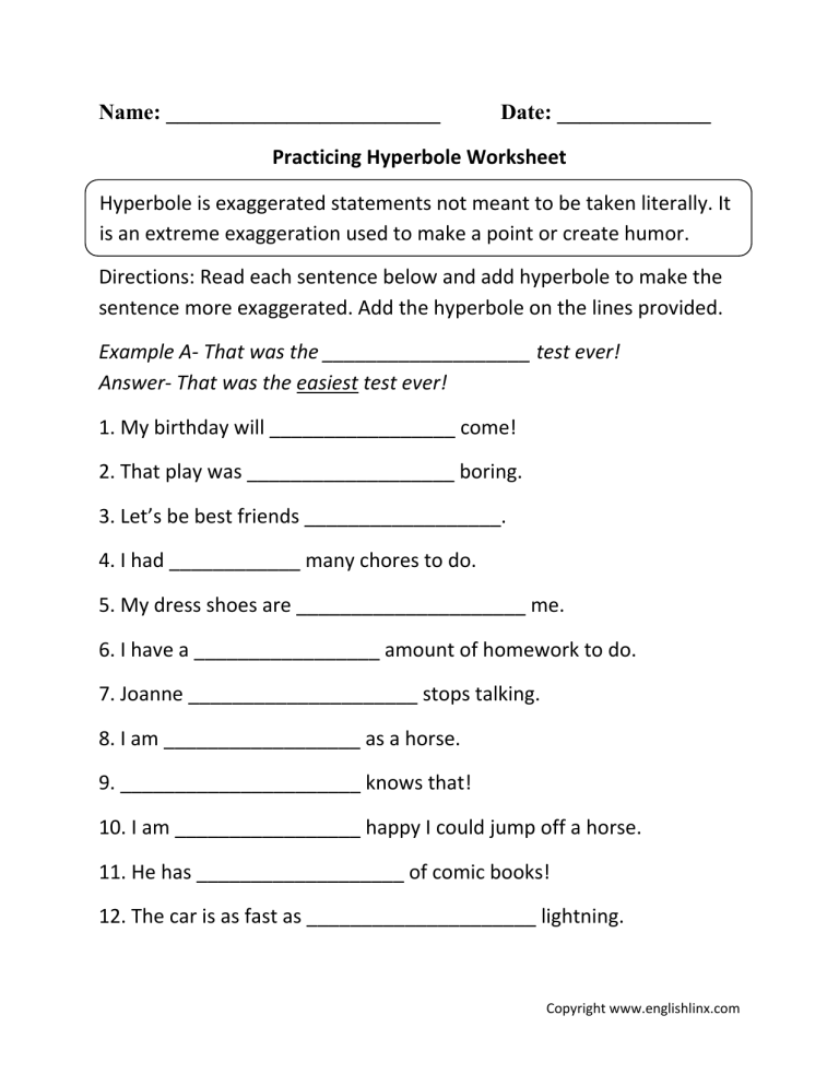 Practicing Hyperbole Worksheet