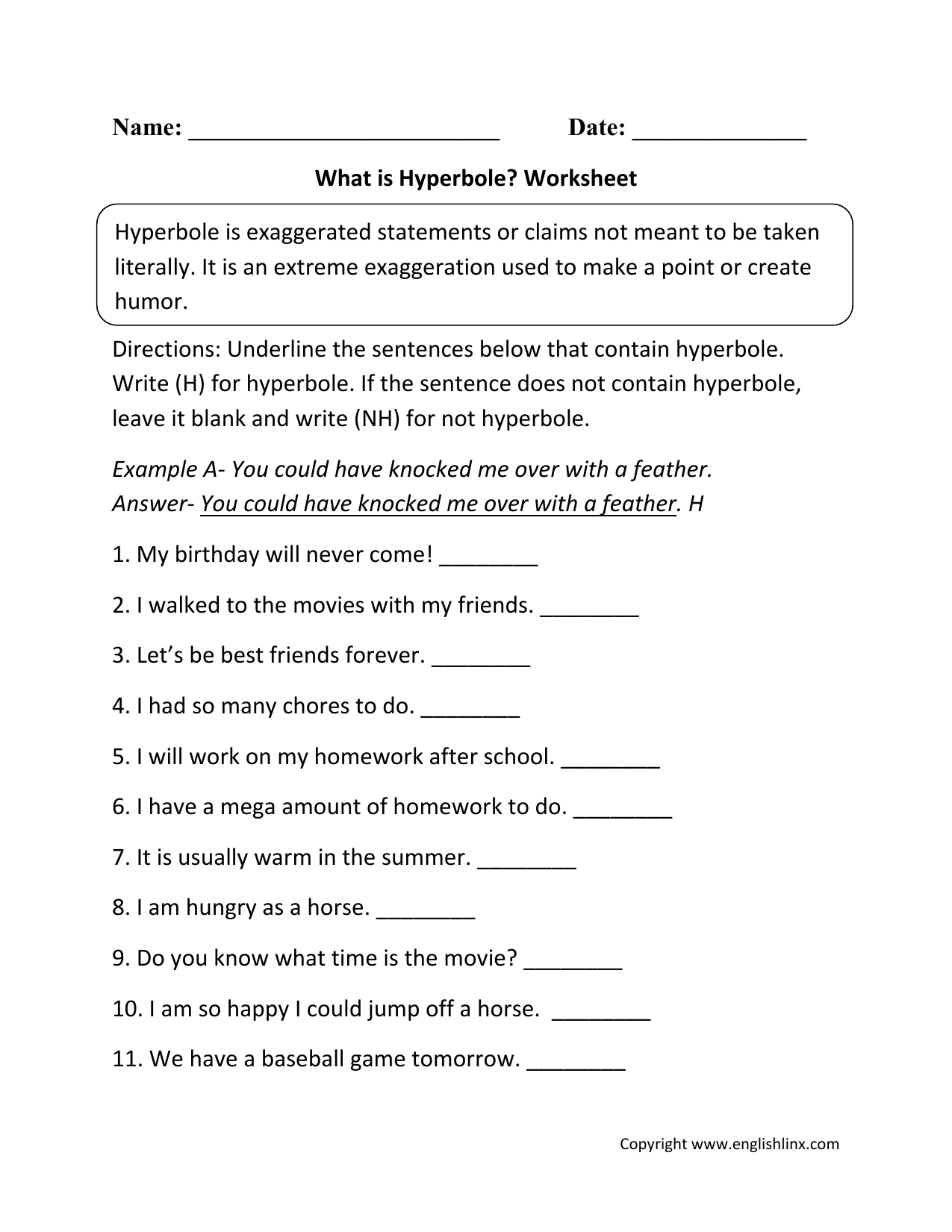 Personification And Hyperbole Worksheet