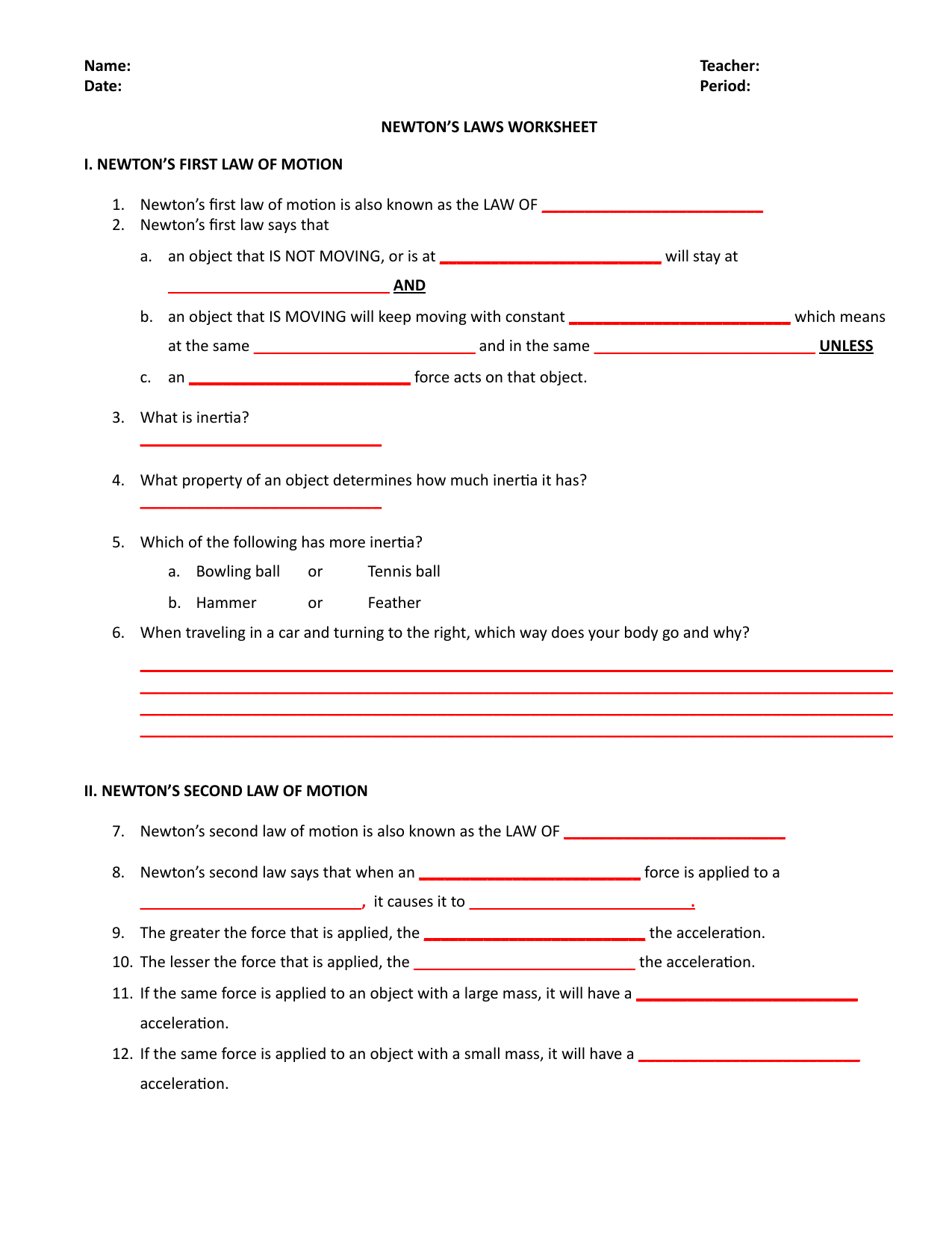 Newton Laws Worksheet Answers