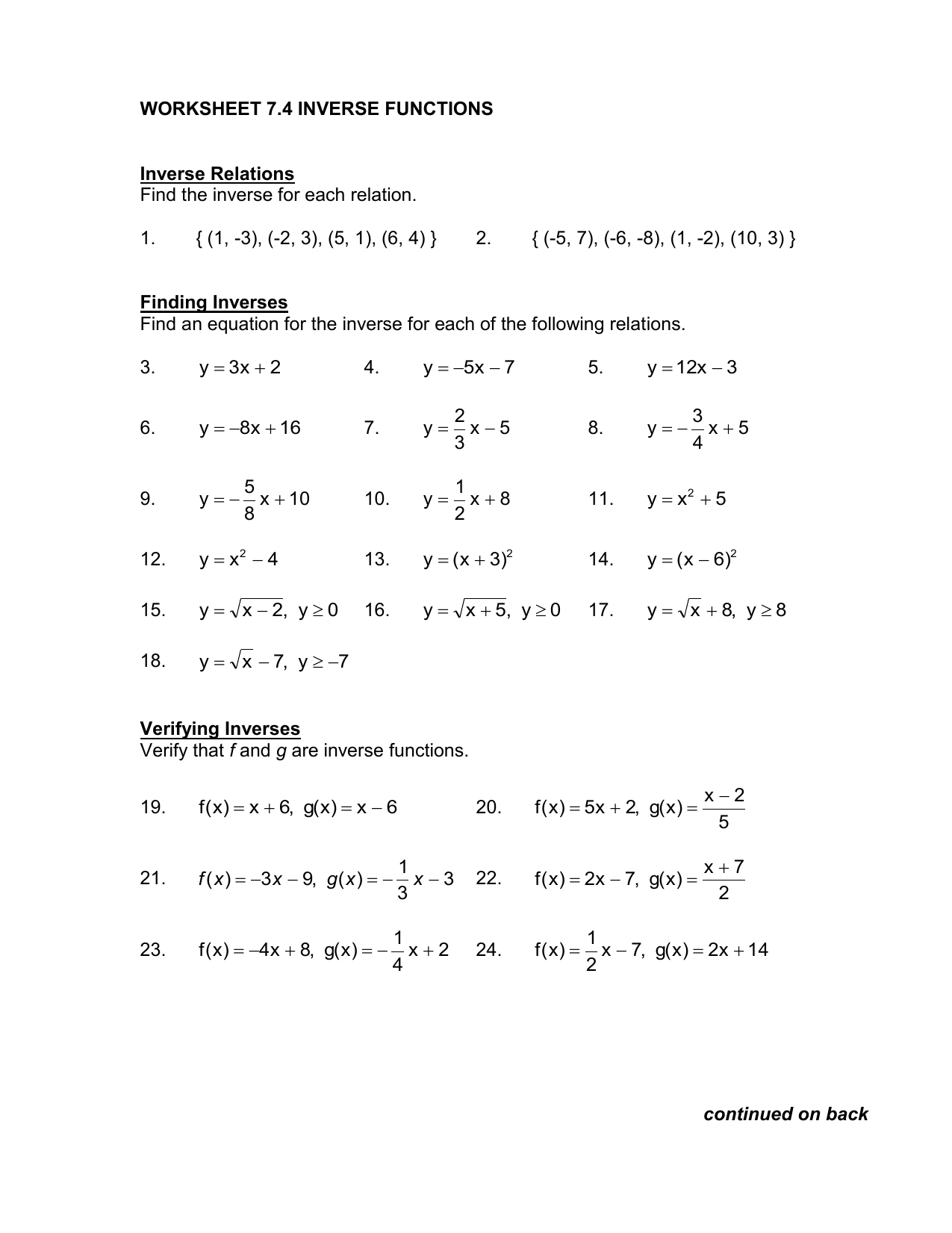 worksheet 20 20 inverse functions Inside Inverse Functions Worksheet With Answers
