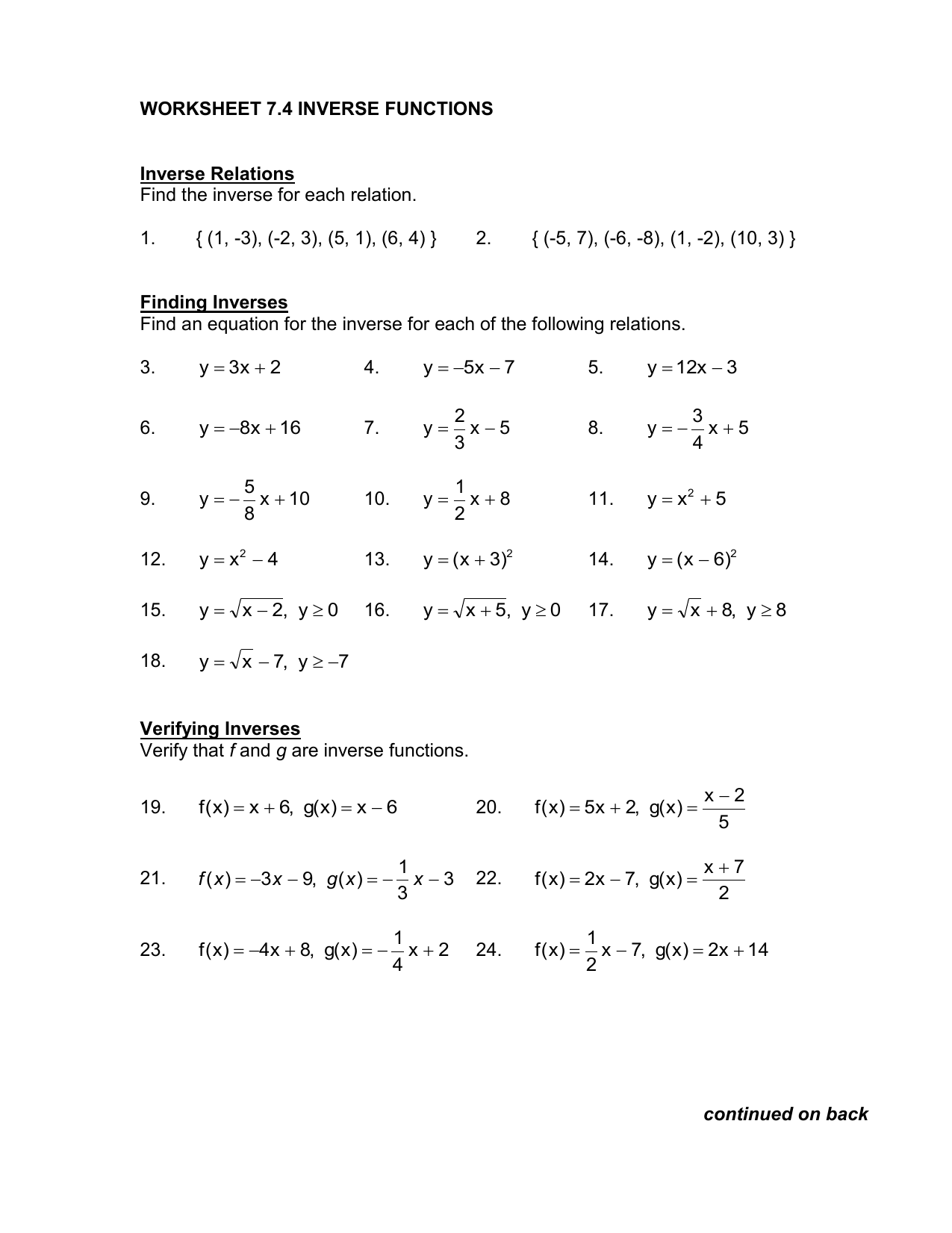 worksheet 4 4 inverse functions With Regard  To Inverse Functions Worksheet With Answers