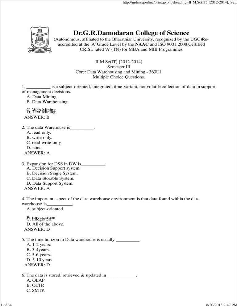 Fdocuments In Data Mining Mcq