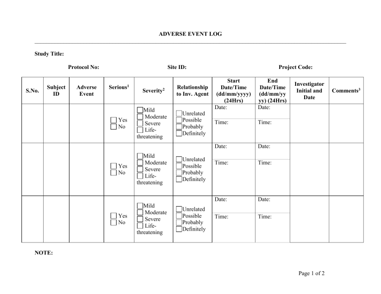 Adverse Event Log Template