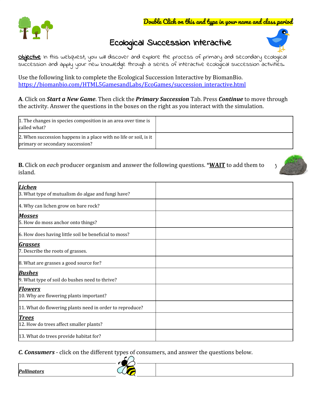 Ecological Succession Interactive Pertaining To Ecological Succession Worksheet Answers