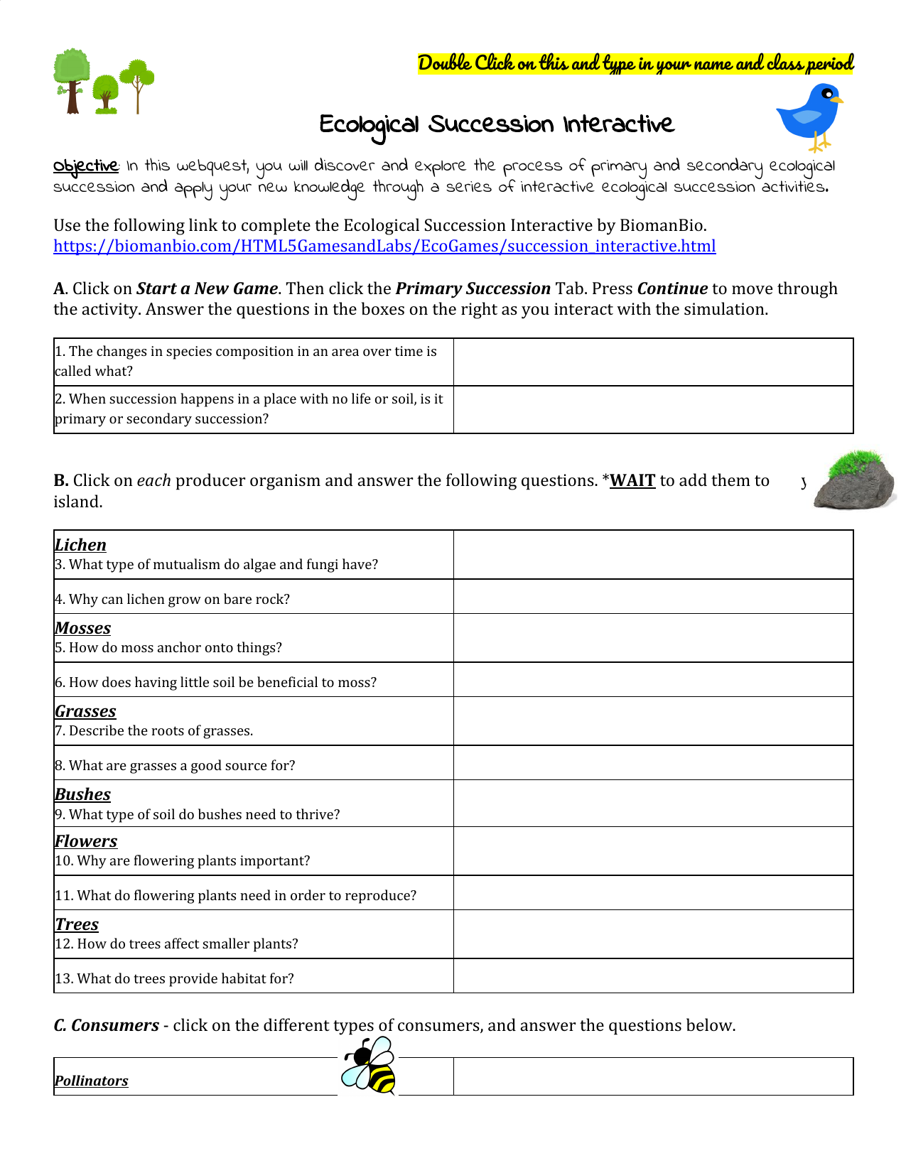 Ecological Succession Interactive In Ecological Succession Worksheet Answers