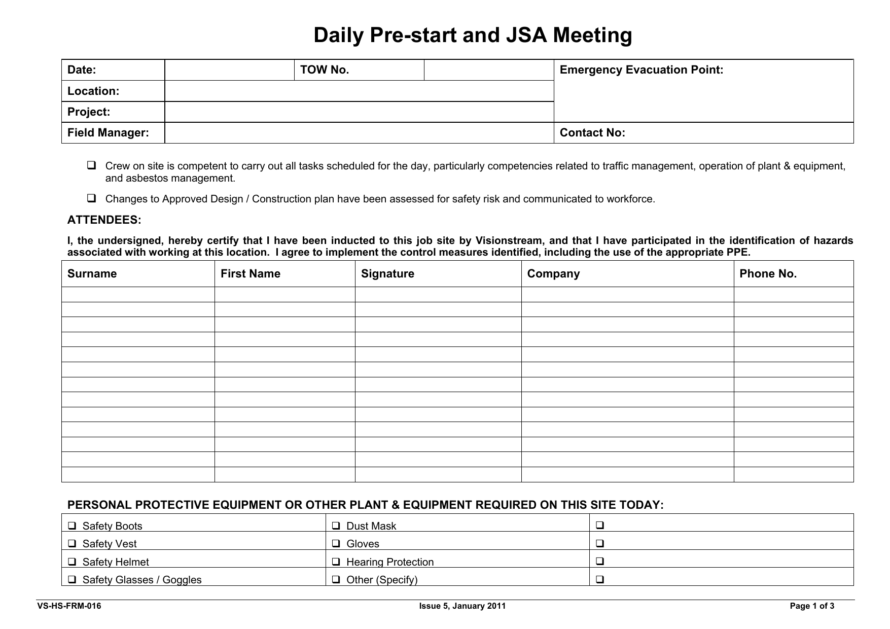 Pre start JSA Meeting Record