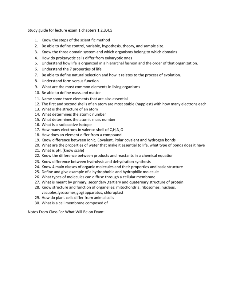 BIOL 107 - 1st Exam Study Guide (Ch. 1- 5)