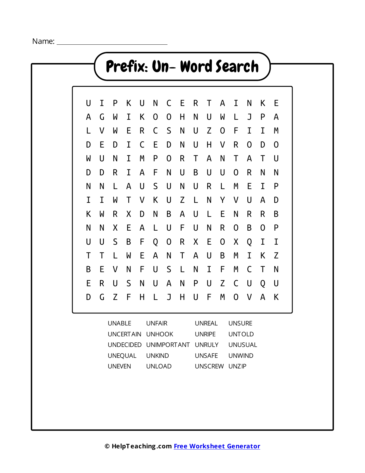 Prefix Un Word Search