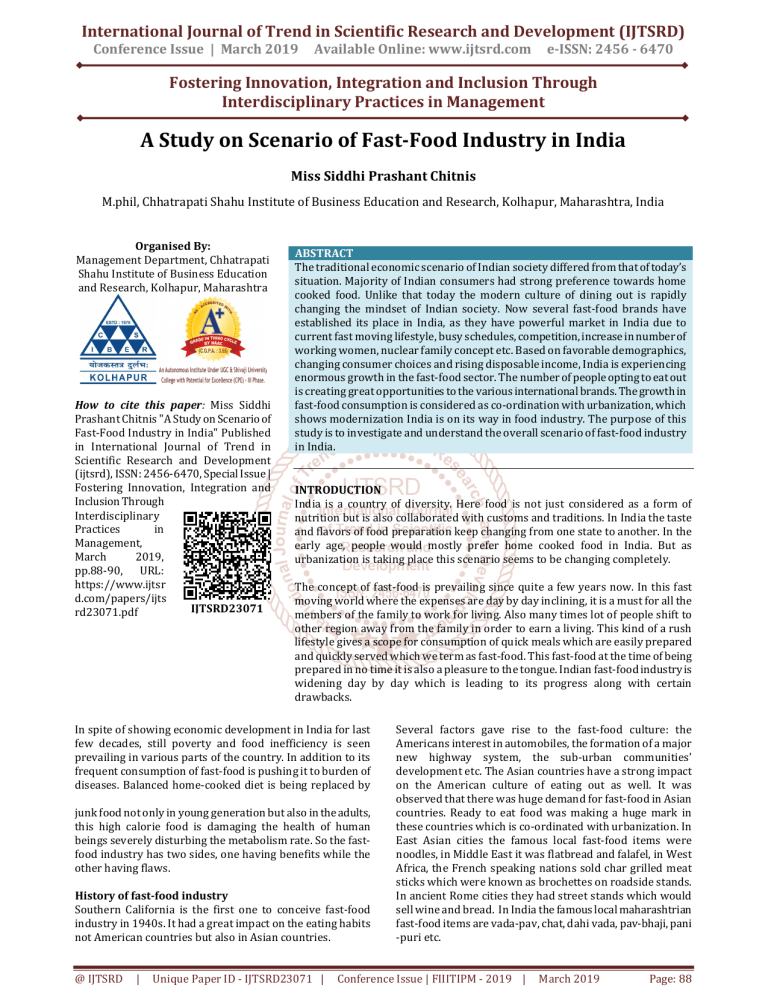 research paper on fast food industry in india