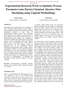 Experimental Research Work to Optimize Process Parameters into Electro Chemical Abrasive Flow Machining using Taguchi Methodology