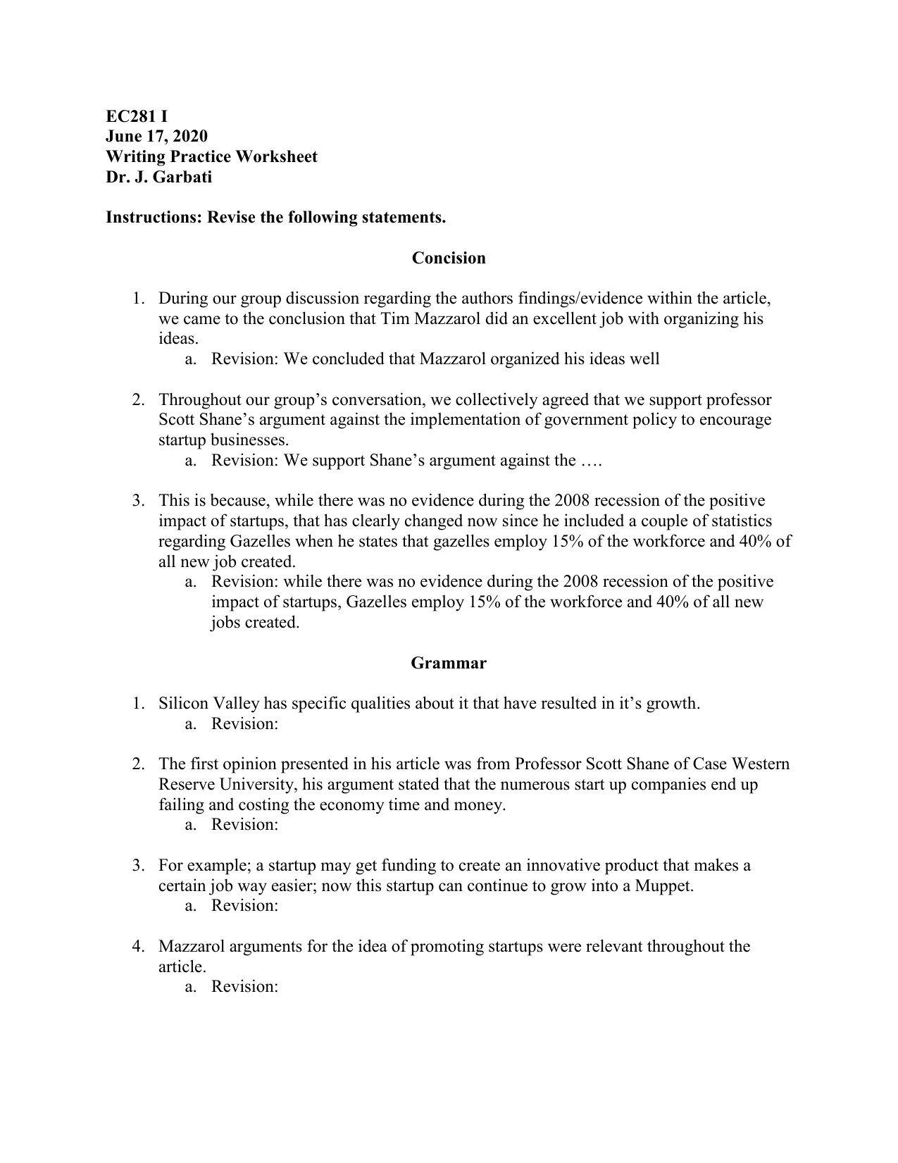 6 Ec281i Writing Practice Worksheet Style Grammar Citation