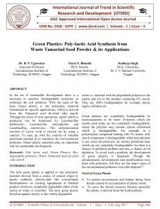 Green Plastics Poly lactic Acid Synthesis from Waste Tamarind Seed Powder and its Applications