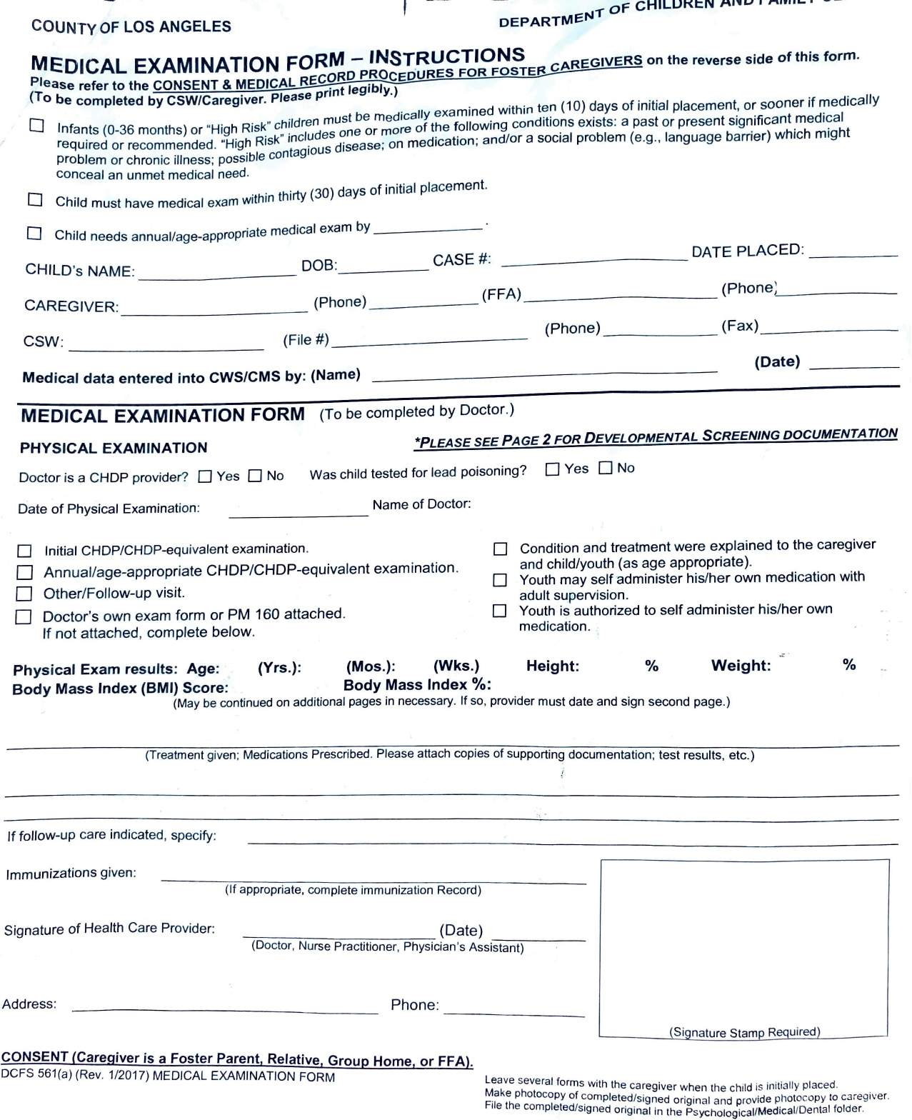 DCFS 561 A Medical Form