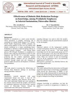 Effectiveness of Diabetic Risk Reduction Package on Knowledge, among Prediabetic Employees in Selected Instiututions, Thiruvallur District