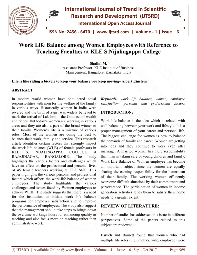 Work Life Balance Among Women Employees With Reference To Teaching ...