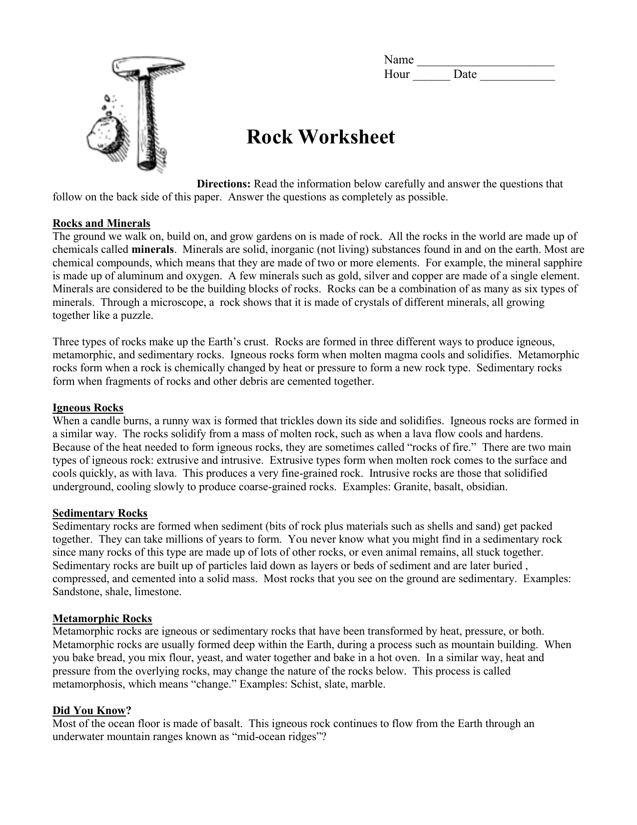 rock worksheet Intended For Types Of Rock Worksheet
