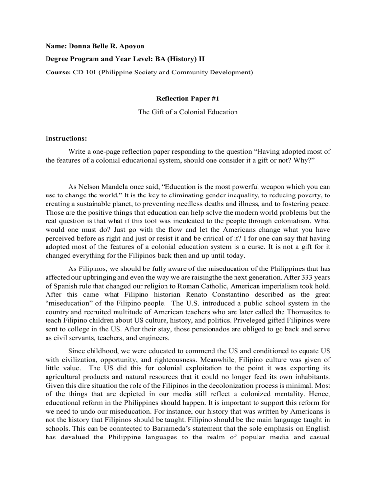 reflection paper on support to educational system in the philippines