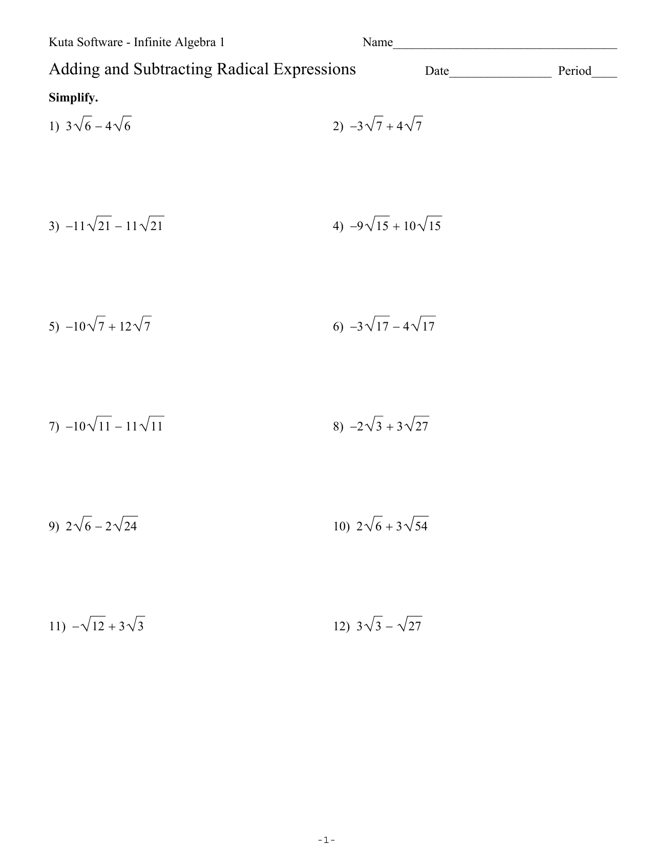 radical equations kuta software algebra 1