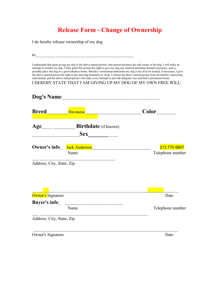 Dog Ownership Release Form
