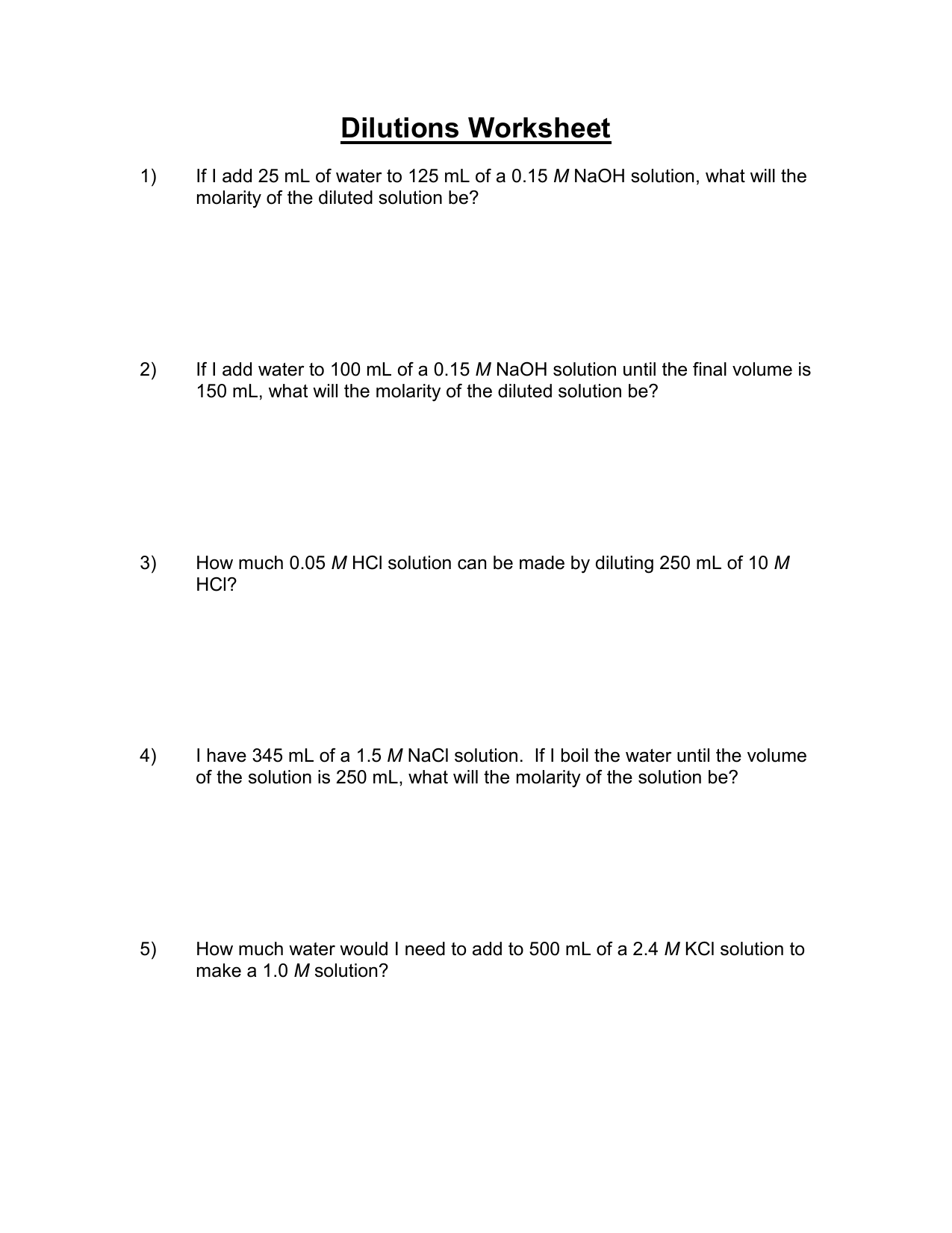 Dilution Problems Worksheet M1v1 M2v2 Answer Key