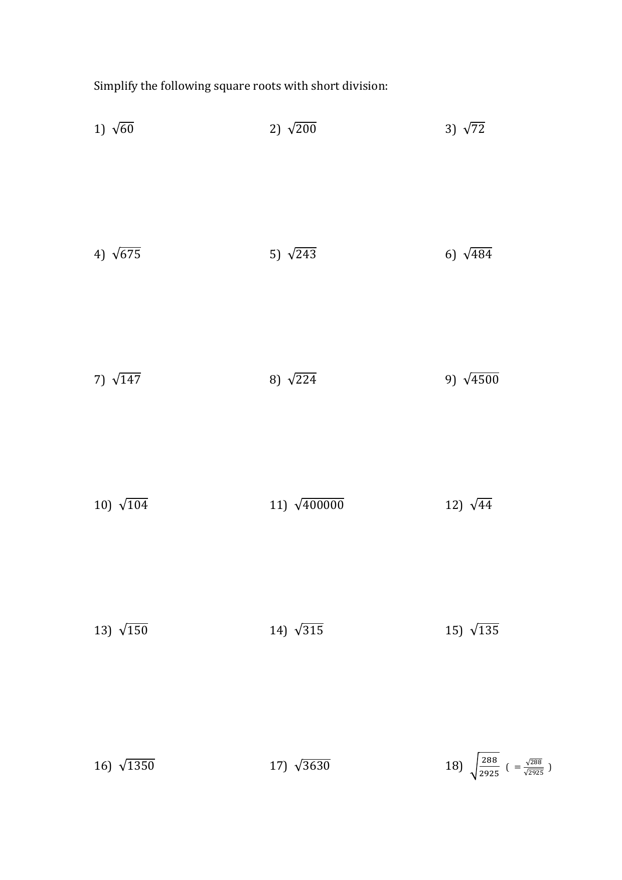 Simplify Square Roots Worksheet