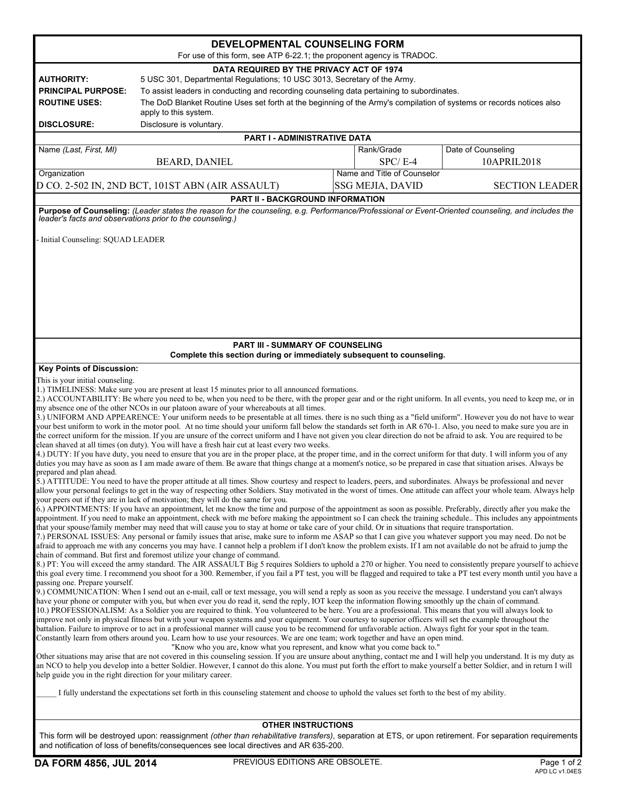 Initial Counseling Form Army  Army Military