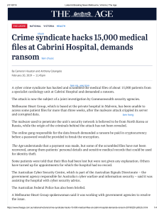 Houston & Colangelo (2019) Crime syndicate hacks 15,000 medical files at Cabrini Hospital