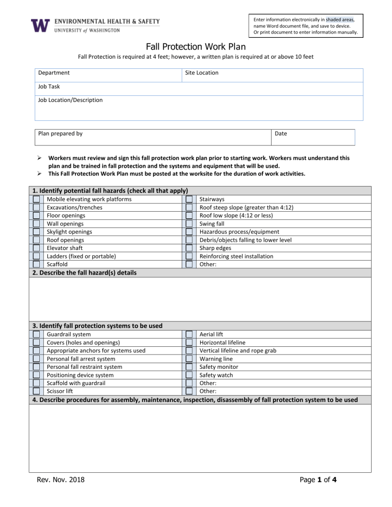 Fall protection work plan