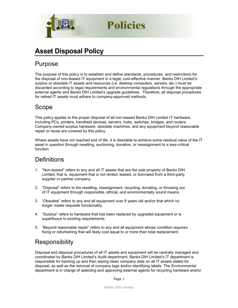 Banks DIH Limited Asset Disposal Policy