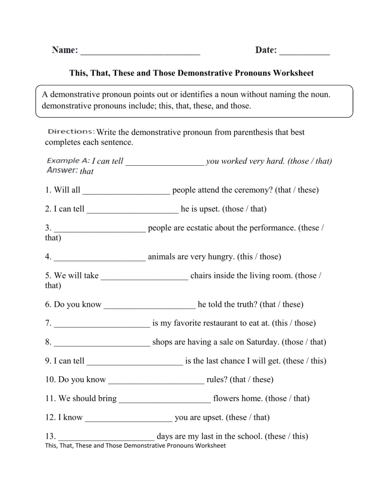 Personal And Demonstrative Pronouns Worksheets