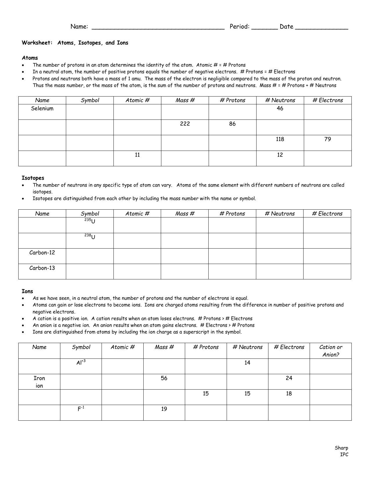Atoms, Isotopes, & Ions Worksheet In Isotopes Worksheet Answer Key