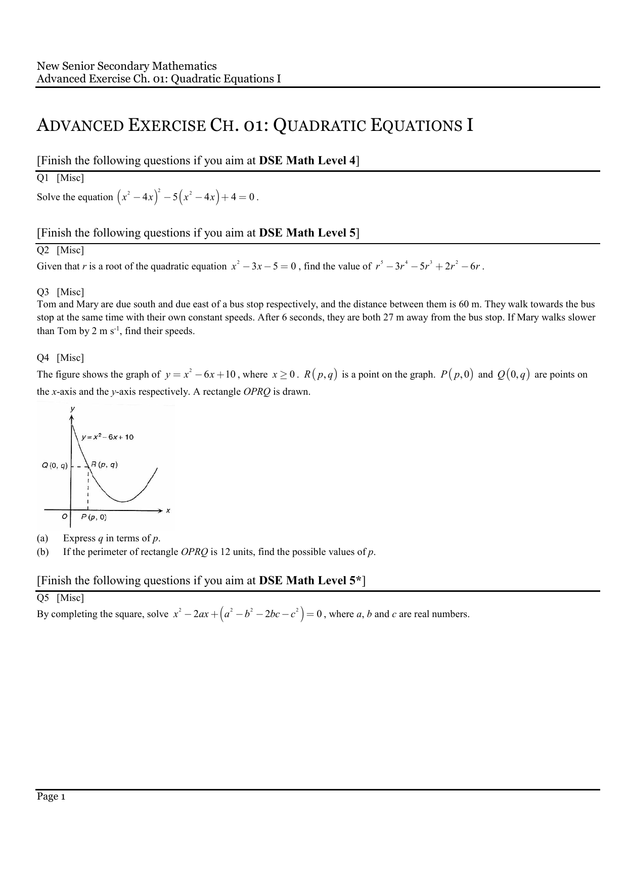 Adv Ex 01 Quadratic Equation I