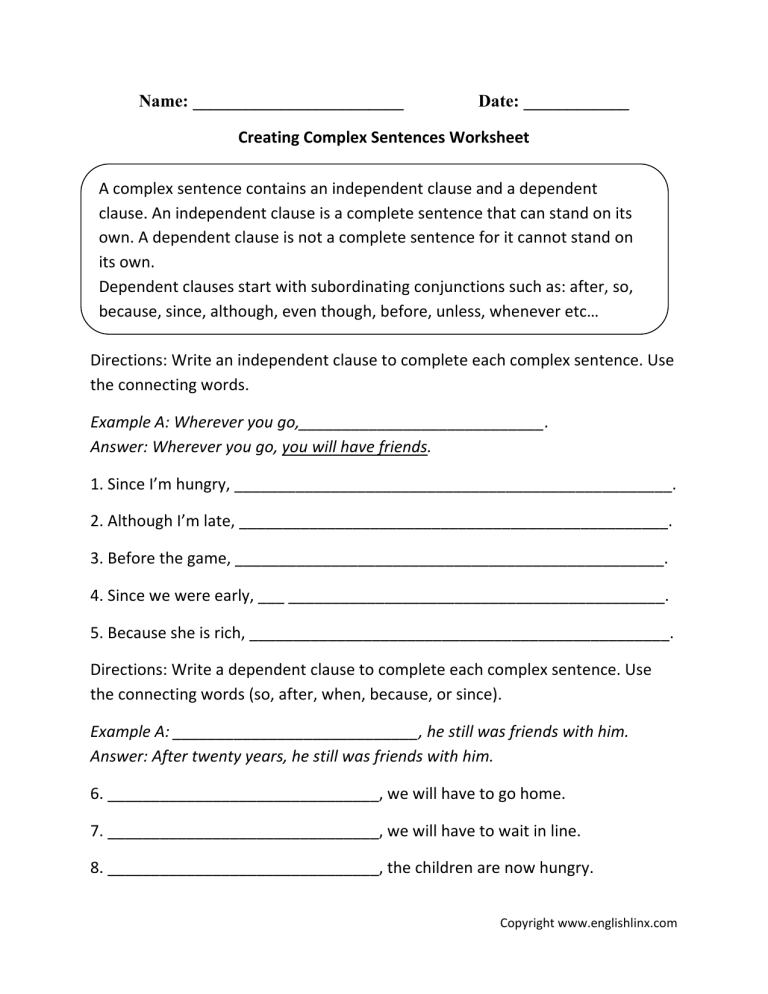 Creating Complex Sentences Worksheet