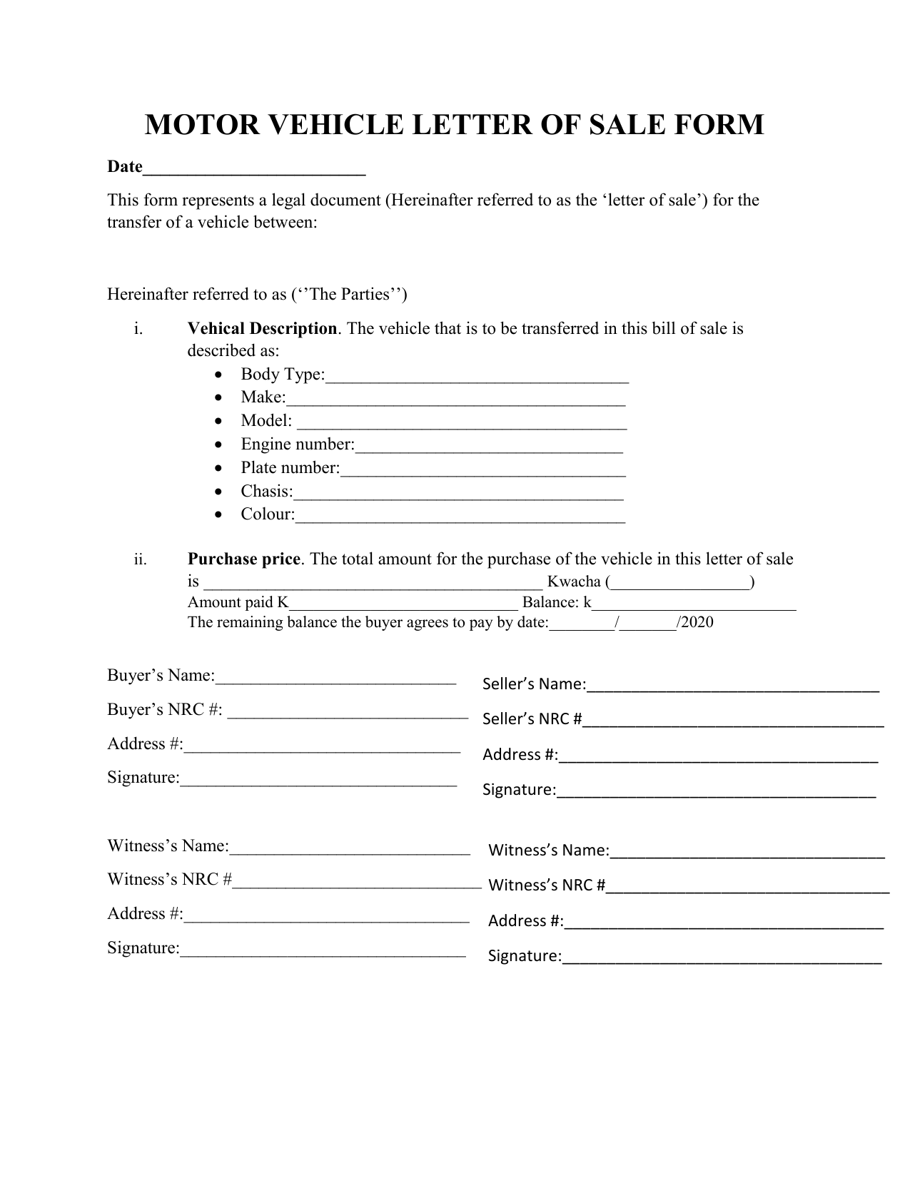 MOTOR VEHICLE LETTER OF SALE FORM