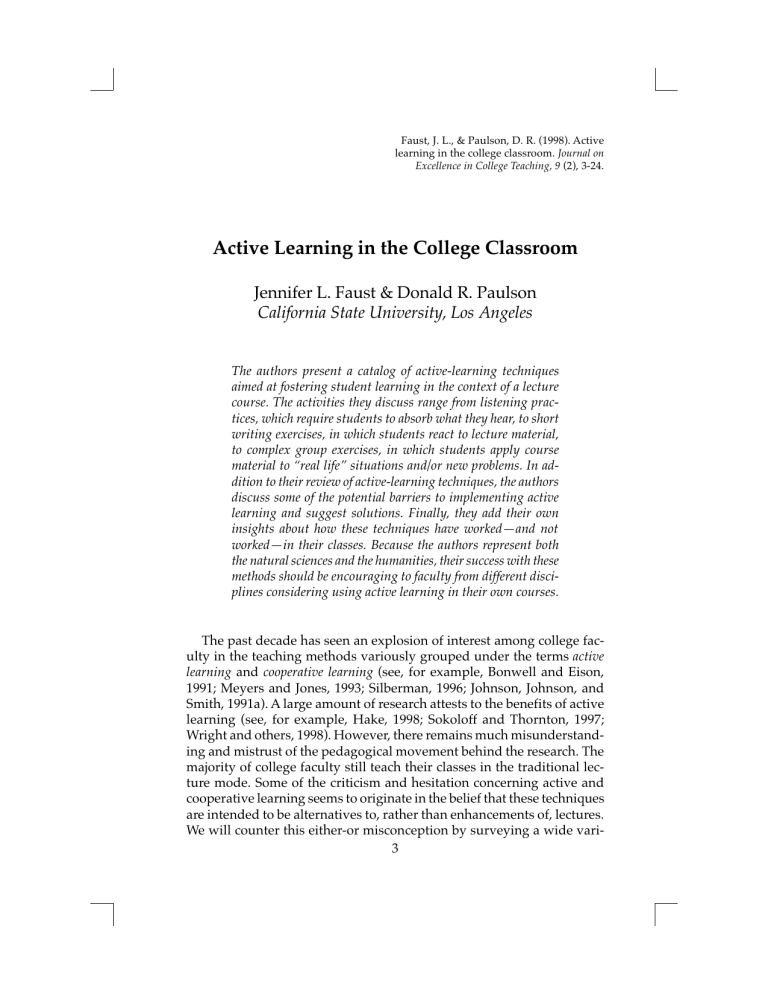 Active Learning In College