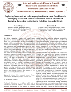 Exploring Stress related to Demographical factors and Confidence in Managing Stress with special reference to Female Faculties of Technical Education Institution in Dakshina Kananda District