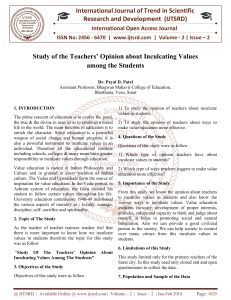 Study of the Teachers' Opinion about Inculcating Values among the Students