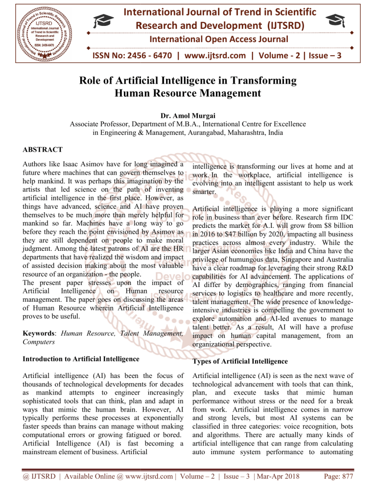 Pdf Role Of Artificial Intelligence In Human Resource Management