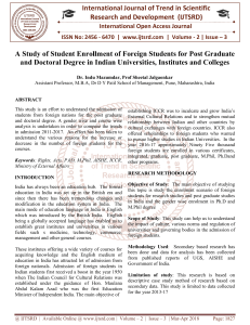 A Study of Student Enrollment of Foreign Students for Post Graduate and Doctoral Degree in Indian Universities, Institutes and Colleges
