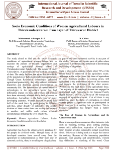 Socio Economic Conditions of Women Agricultural Labours in Thirukandeeswaram Panchayat of Thiruvarur District